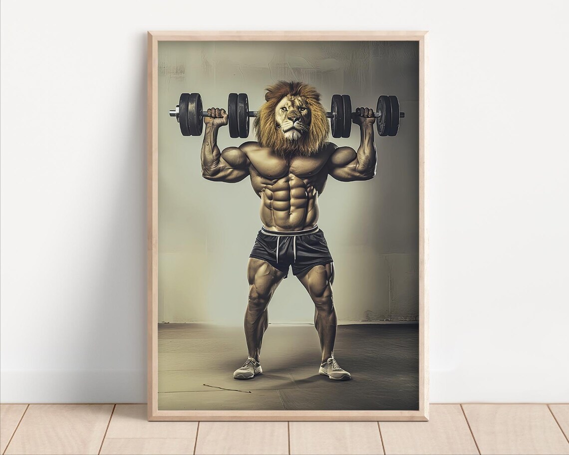 Lion Lifting Weights Funny Gym Wall Art Print