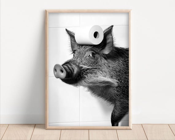 Wild Boar With Toilet Paper On Poster Or Canvas Funny Bathroom Wall Art Kids Laundry Room Decor Animal Humor Photo Cute Print