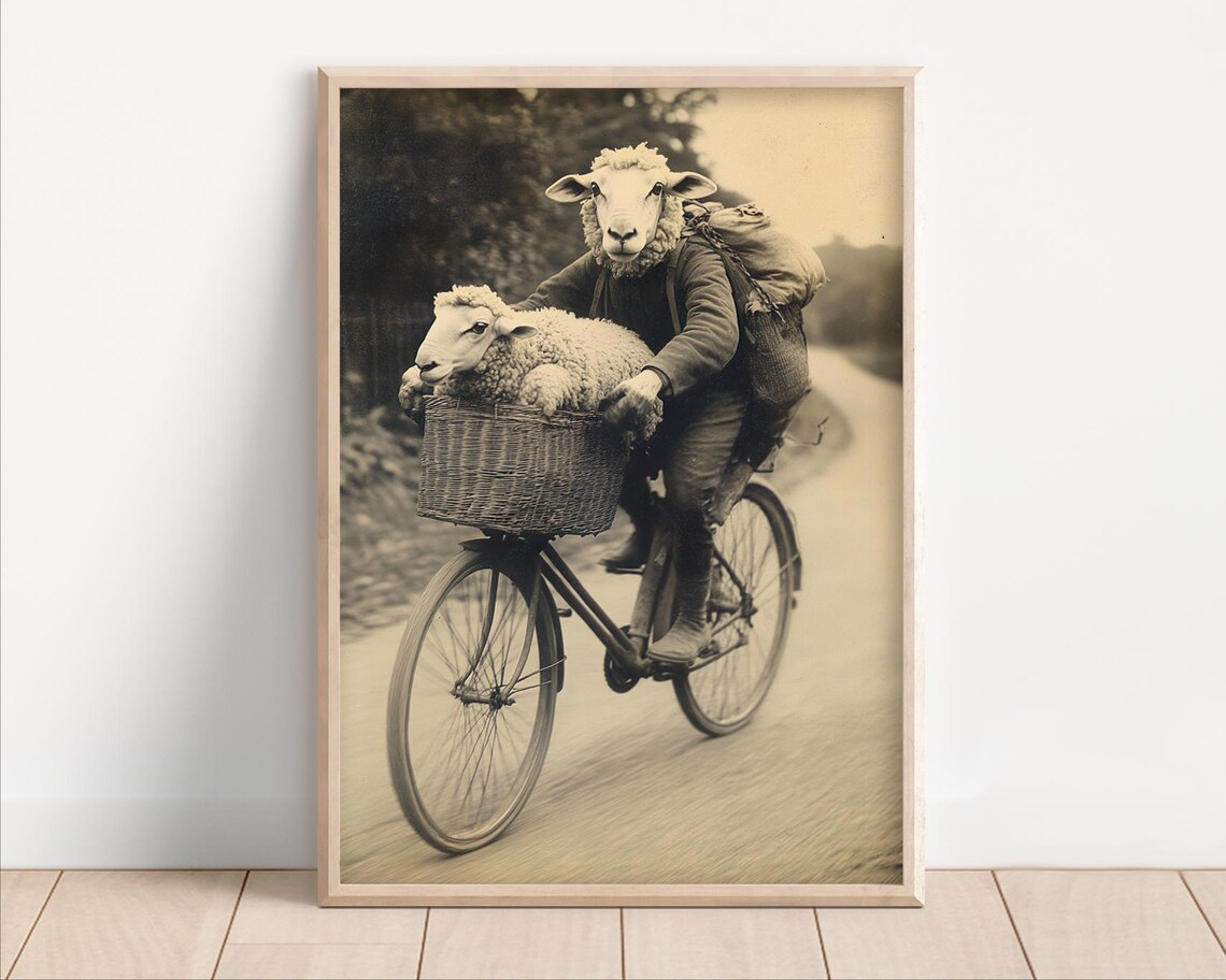 Funny Sheep Riding Bicycle Vintage Sepia Farm Animal Wall Art