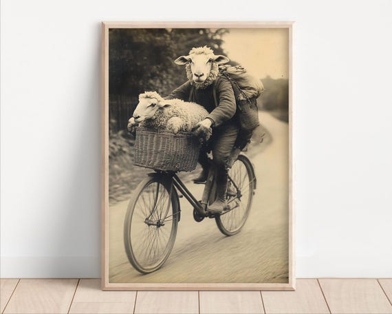 Sheep Riding A Bike Poster Or Canvas Funny Animal Wall Art Retro Vintage Style Home Decor Cute Kids Nursery Room Print Quirky Humor
