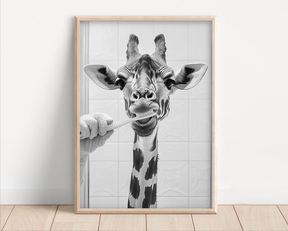 Giraffe Brushing Teeth Poster Or Canvas Funny Bathroom Wall Art Kids Laundry Room Decor Retro Animal Humor Cute Print
