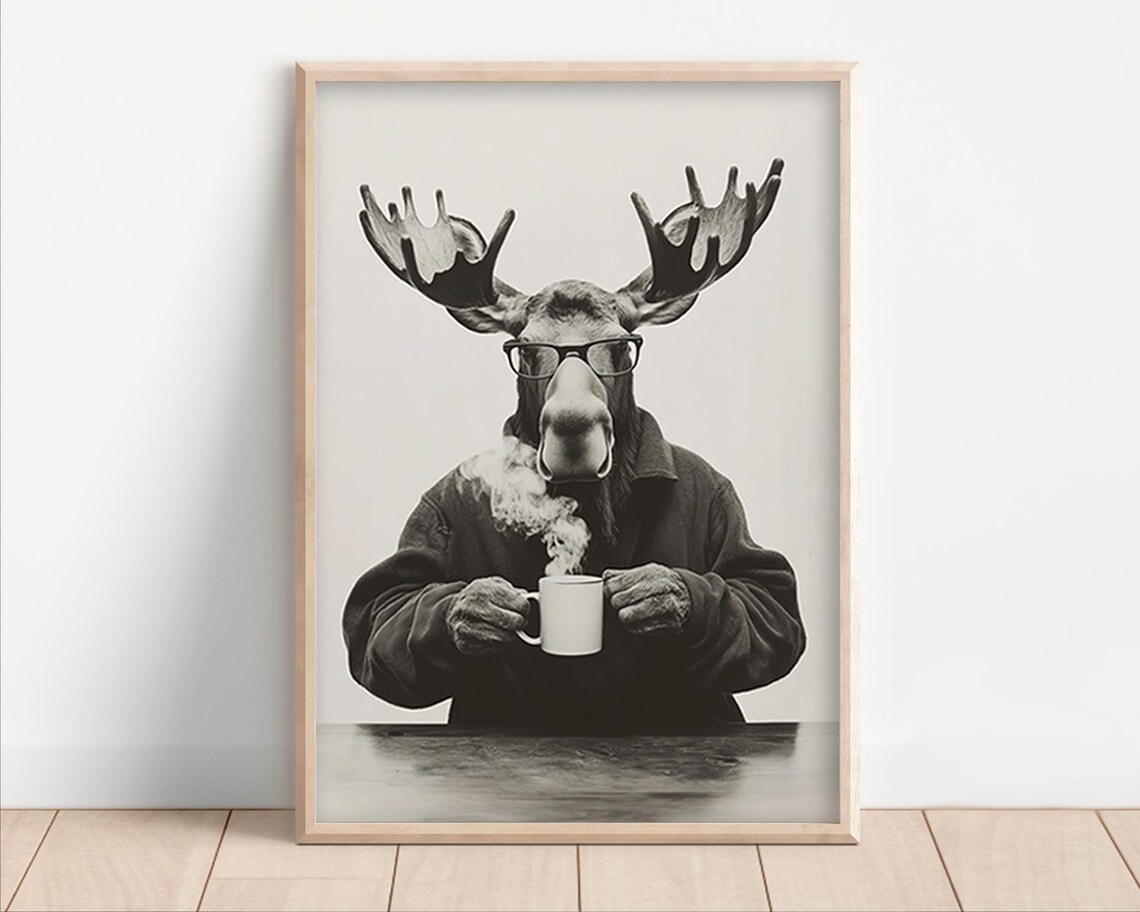 Moose Drinking Coffee Funny Kitchen Wall Art Print