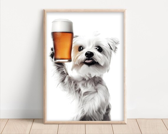 Maltese Dog Drinking Beer Poster Or Canvas Lover Decor Alcohol Humor Funny Kitchen Wall Art Owner Gift Home Bar Print