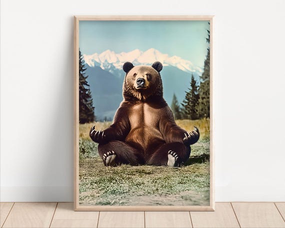 Yoga Bear Poster Or Canvas Funny Wall Art Meditation Cute Kids Nursery Room Decor Retro Zen Quirky Animal Humor Print