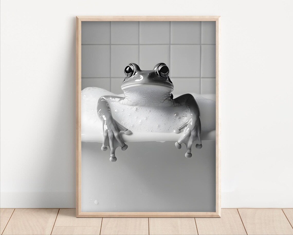 Frog Taking A Bubble Bath Poster Or Canvas Funny Bathroom Wall Art Animals In Bathtub Cute Laundry Room Decor Print