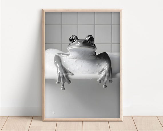 Frog Taking A Bubble Bath Poster Or Canvas Funny Bathroom Wall Art Animals In Bathtub Cute Laundry Room Decor Print