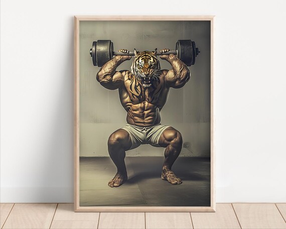 Tiger Lifting Weights Poster Or Canvas Funny Gym Wall Art Decor Animals Working Out Bodybuilder Quirky Animal Humor Print