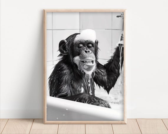 Monkey Taking A Bath Poster Or Canvas Funny Bathroom Wall Art Animals In Bathtub Vintage Style Retro Print Cute Decor