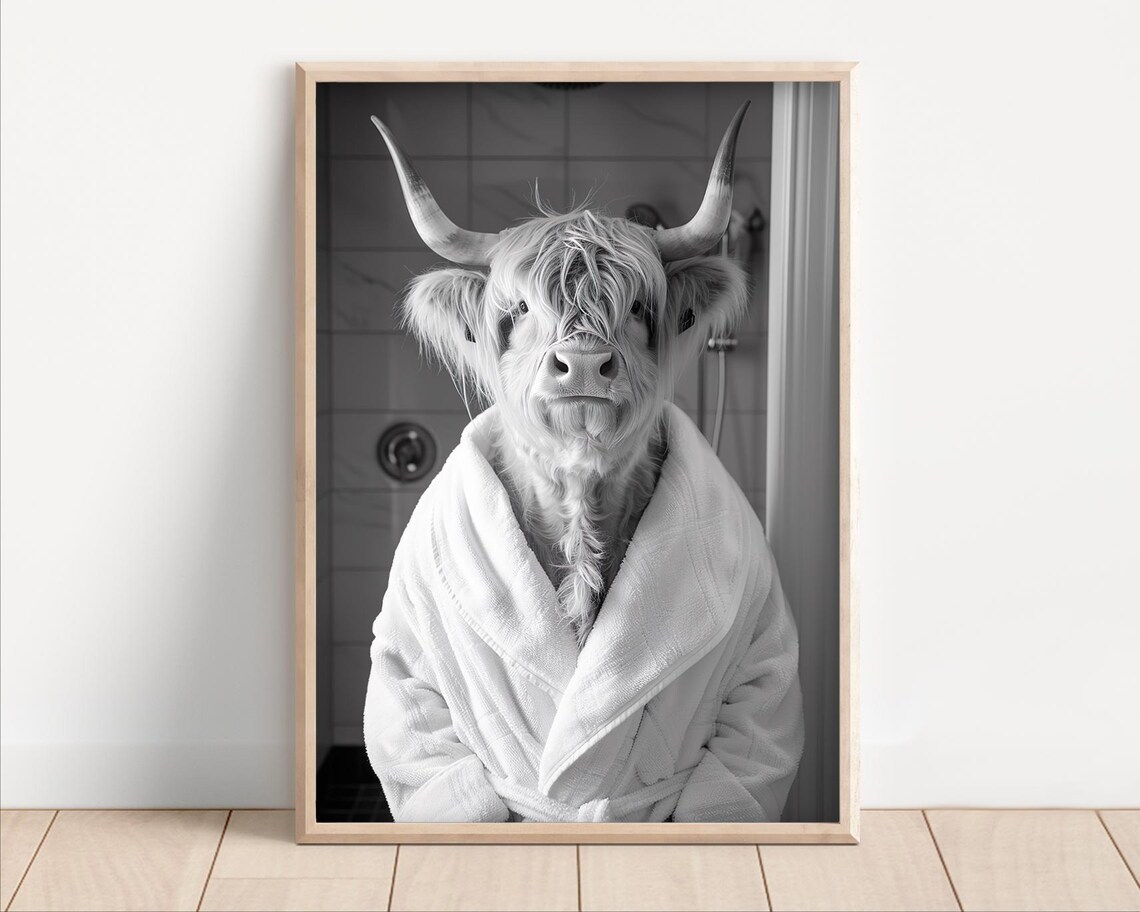 Highland Cow Wearing Bathrobe Funny Bathroom Art
