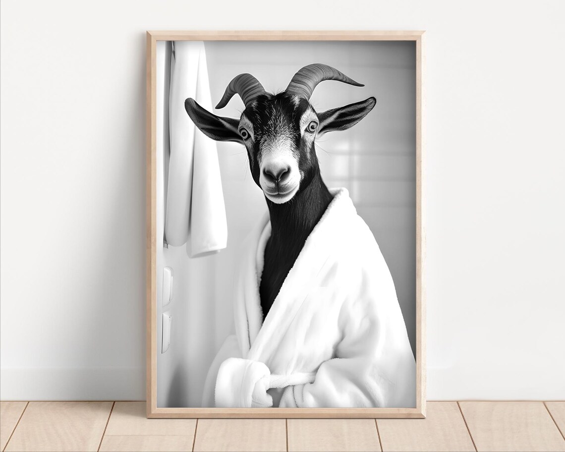 Goat Wearing a Bathrobe, Funny Bathroom Wall Art