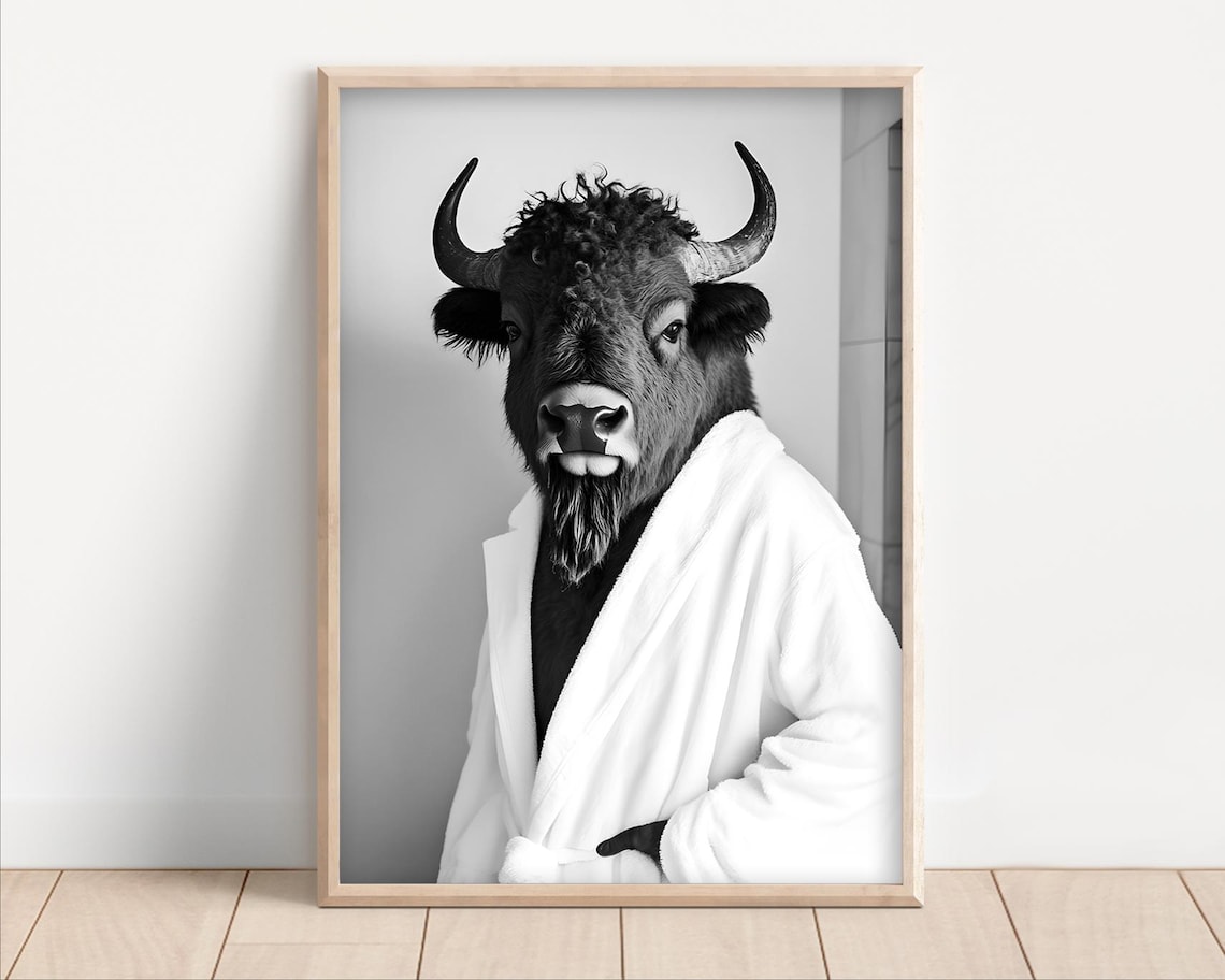 Bison Wearing a Bathrobe Funny Bathroom Art Print
