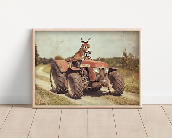 Donkey Driving a Red Tractor Funny Vintage Farm Animal Wall Art