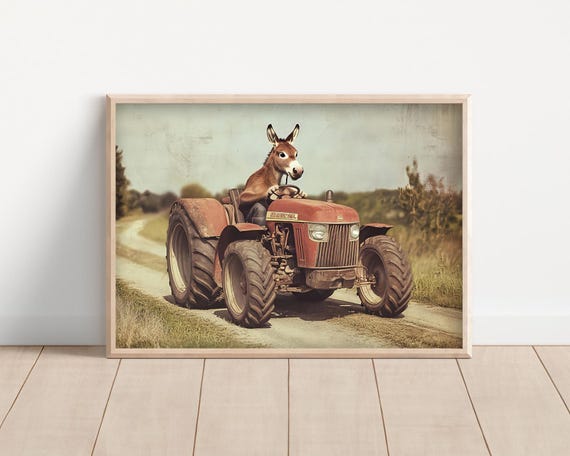 Donkey Driving A Tractor Poster Or Canvas Funny Farm Animal Wall Art Vintage Style Retro Kids Nursery Room Cute Rustic Farmhouse