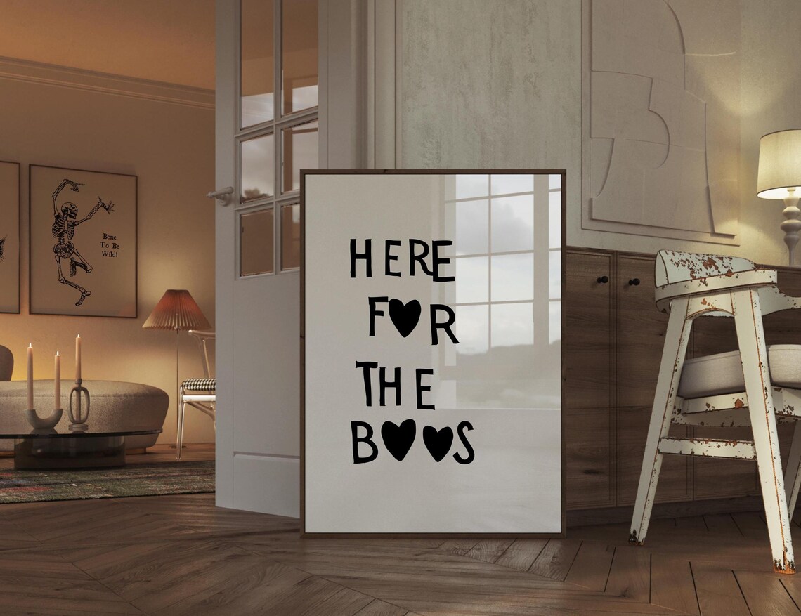Here for the Boos Black Heart Hand Lettered Funny Halloween Wall Art - Image 4