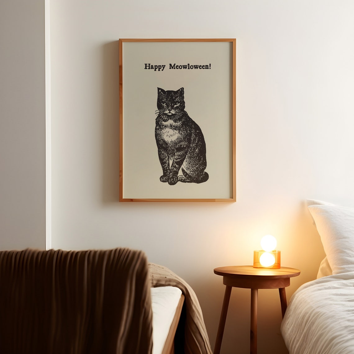 Happy Meowloween Vintage Black Cat Engraving Halloween Pun Poster - Image 4