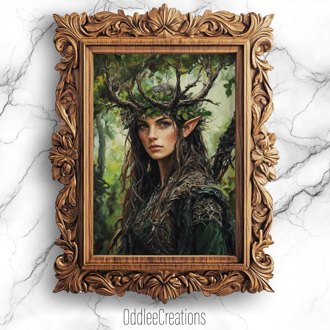 Elf Druid Guardian Forest Antler Headdress Fantasy Oil Painting Poster
