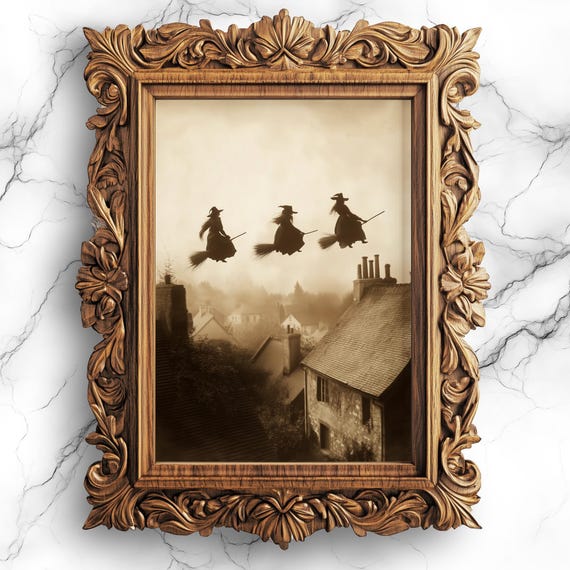 Vintage Witches Flying Over Village Art Print