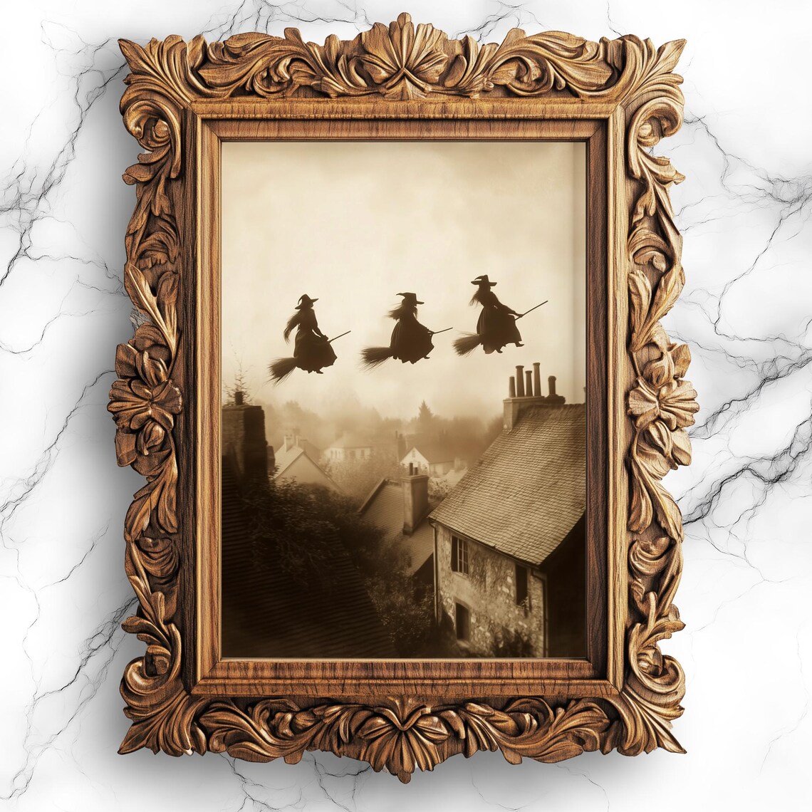 Vintage Witches Flying Over Village Art Print