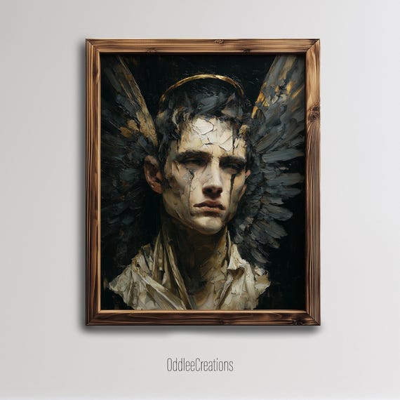 Fallen Angel Gothic Oil Painting Dark Fantasy Wall Art Decor Mourning Celestial Being Broken Wings Fine Artwork Prt108