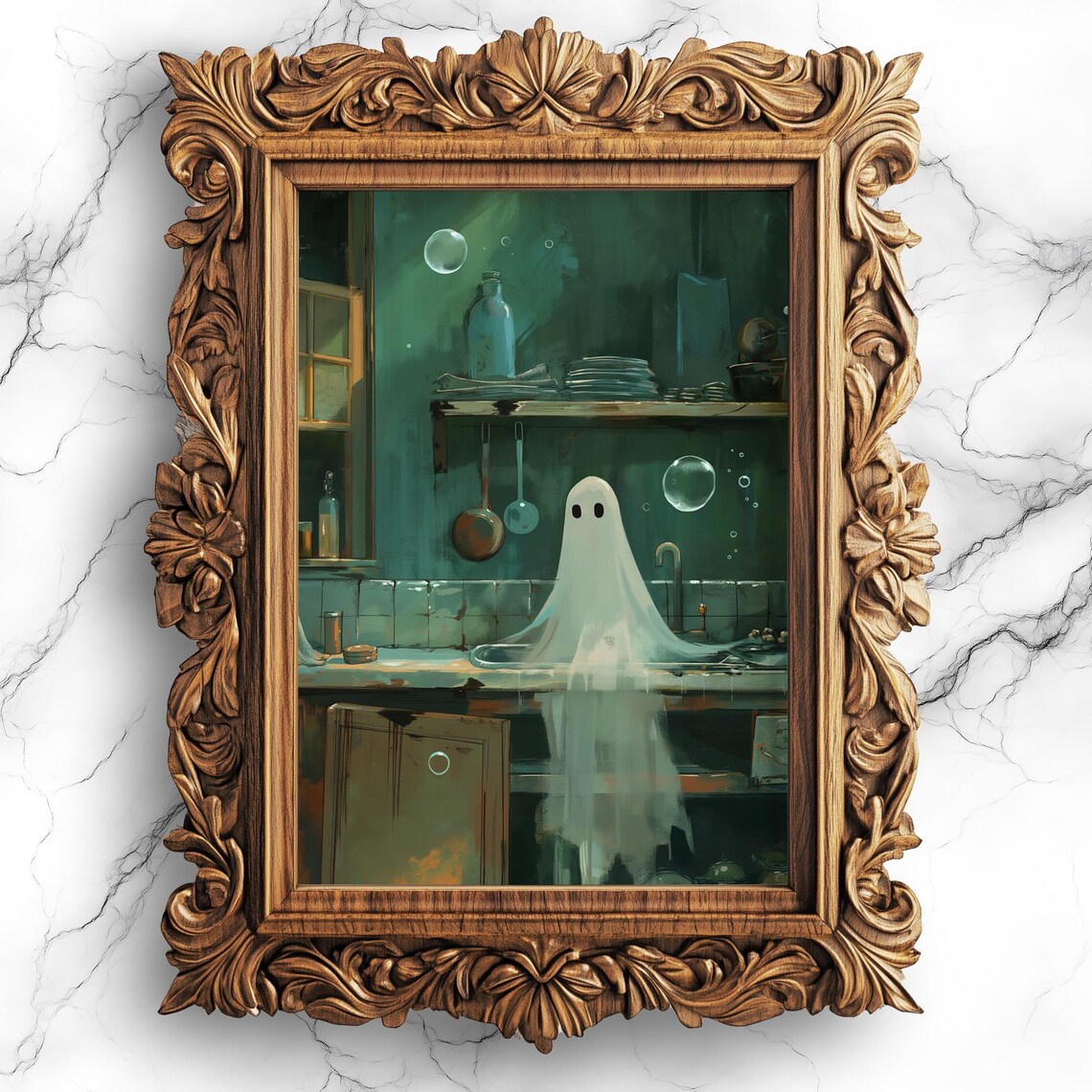 Washing Dishes Oil Painting Halloween Art Print