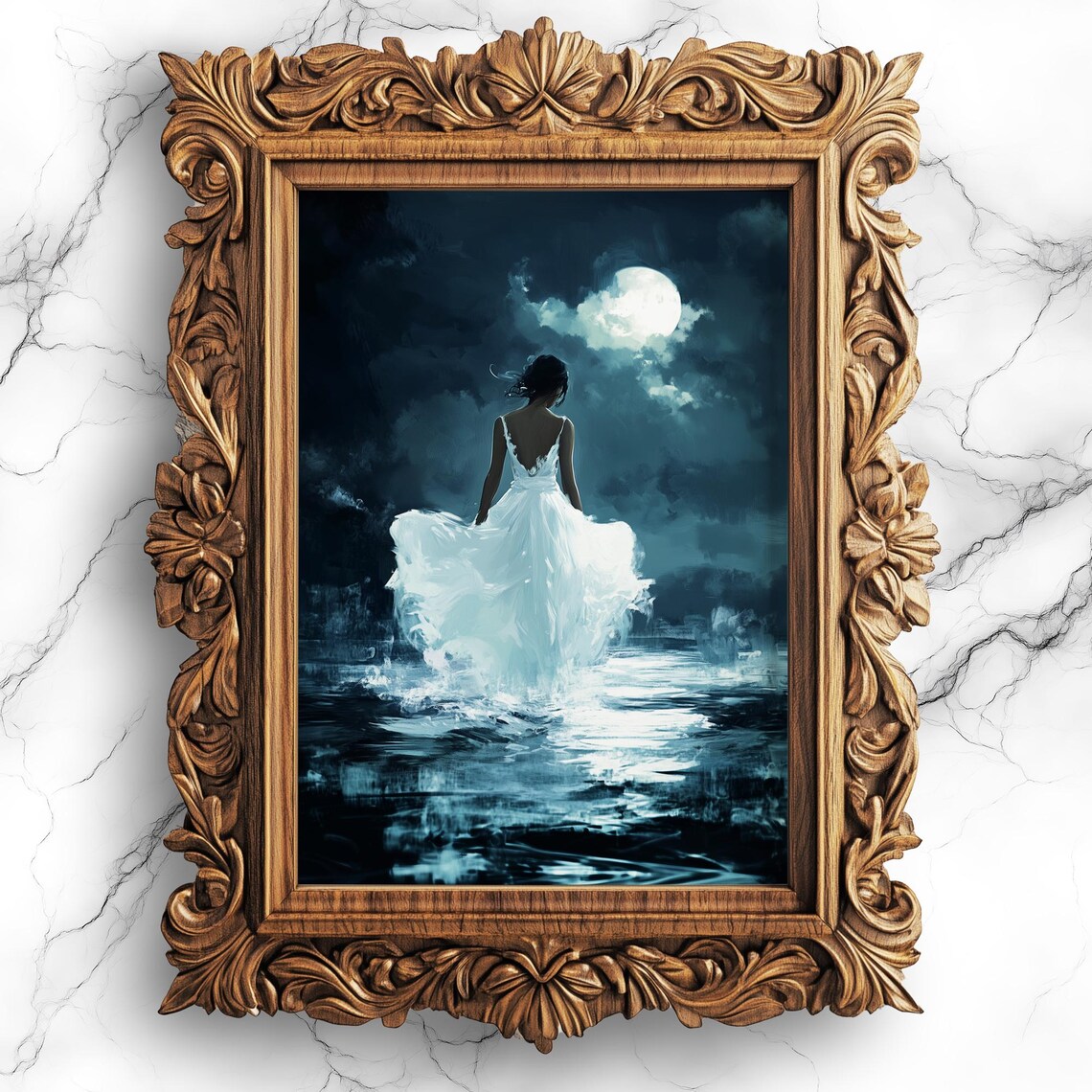 Woman In Flowing White Dress Moonlit Lake Night Romantic Art Poster