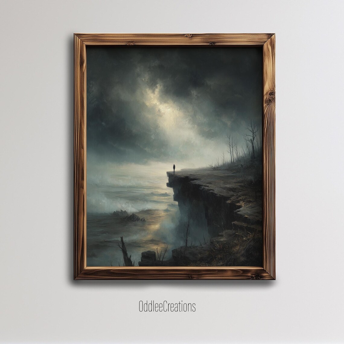 Lone Figure On Stormy Sea Cliff Dark Moody Landscape Art Poster