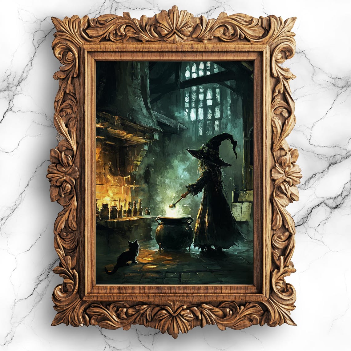Witch Brewing Potion Cauldron Gothic Cottage Halloween Art Poster