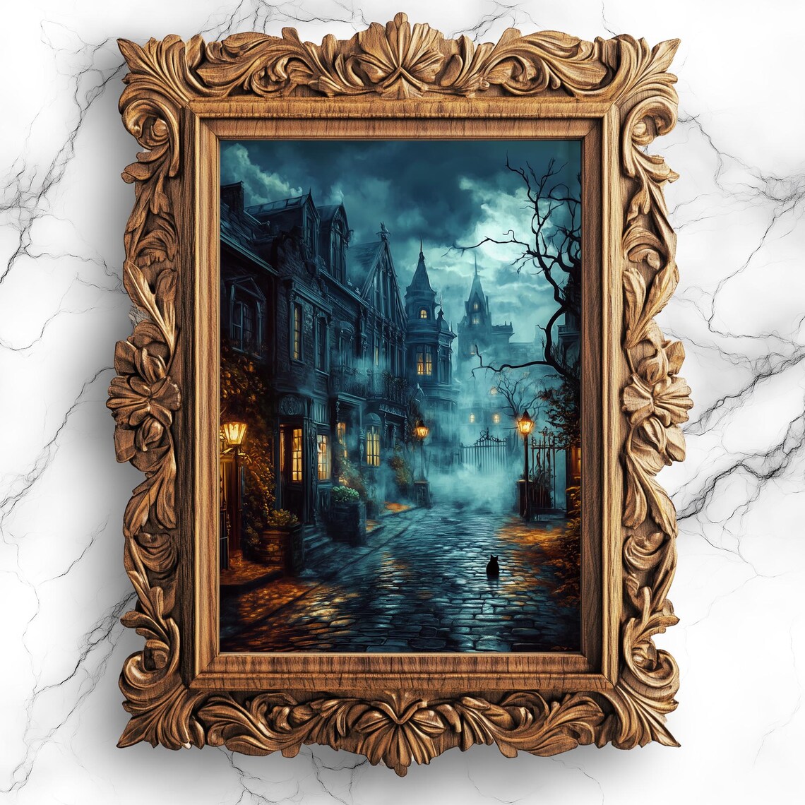 Gothic Victorian Haunted Mansion Street Eerie Night Wall Art