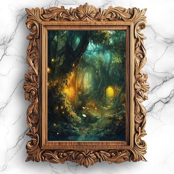 Dark Enchanted Forest Path With Glowing Golden Doorway Poster