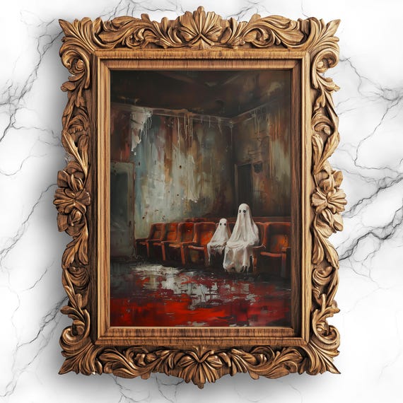 Movie Night Haunted Theater Art Spooky Wall Poster Abandoned Cinema Decor Eerie Halloween Bbg20