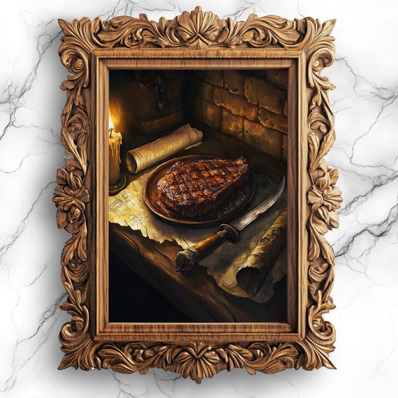 Barbarian Feast Oil Painting Grilled Steak Dark Academia Wall Art Fantasy World Desk Scene Fod30