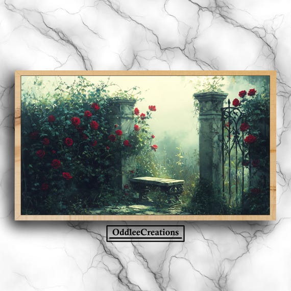 Forgotten Rose Garden Scene For Frame Tv Dark Academia Art Misty Overcast With Weathered Bench Tlv14