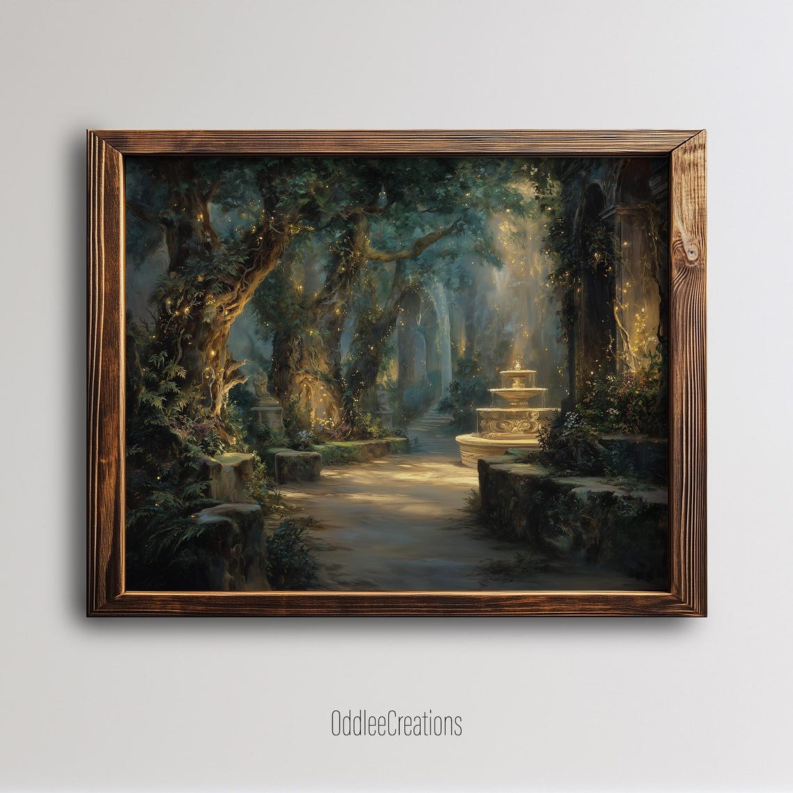 Fantasy Forest Fountain Ancient Statue Magical Pathway Art Print