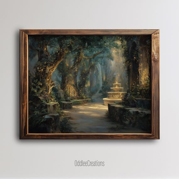 Fantasy Forest Scene Wall Art Magical Pathway Ancient Statue Fountain Nature Decor Sce155