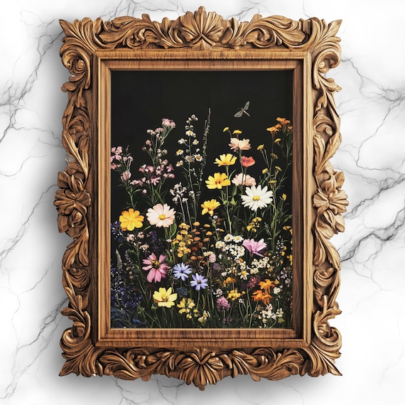 Moody Dark Wildflower Oil Painting Black Background Floral Poster
