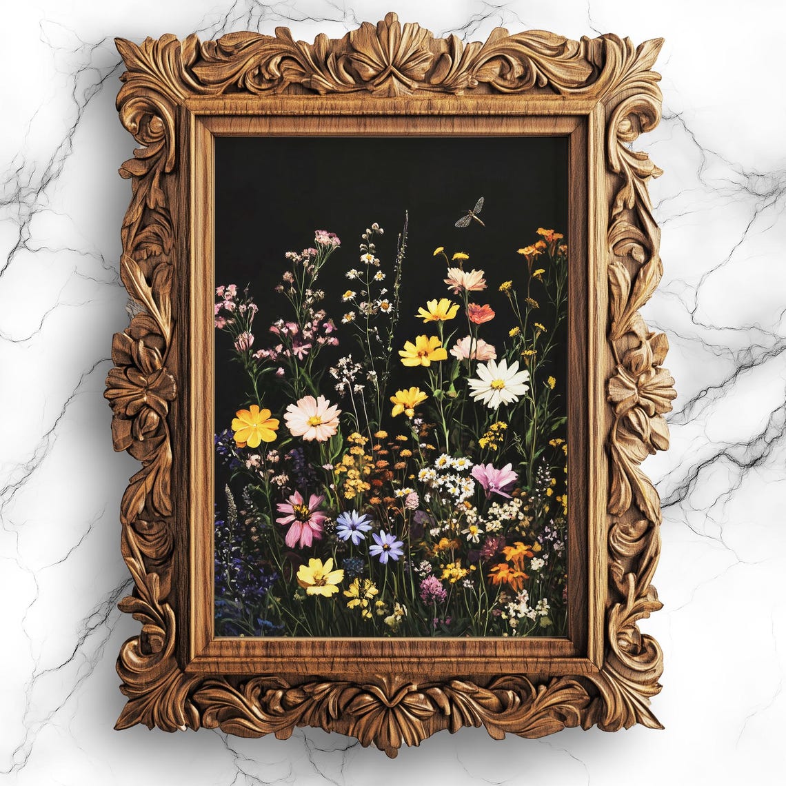 Moody Dark Wildflower Oil Painting Black Background Floral Poster