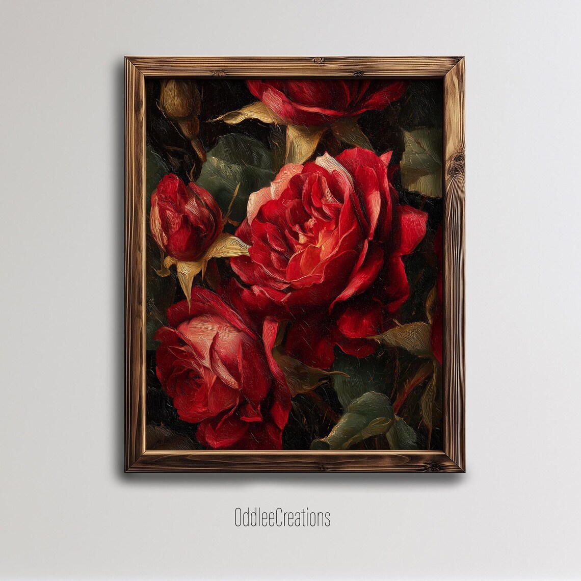 Red Roses Vintage Oil Painting Dark Academia Floral Wall Art