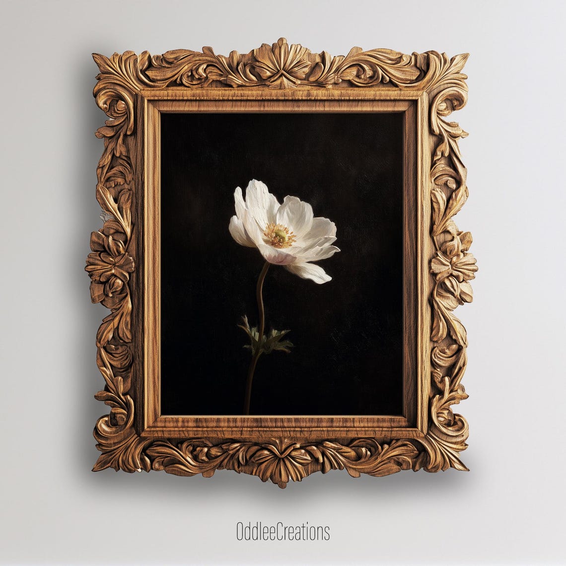 Single White Anemone Flower on Black Moody Vintage Floral Poster