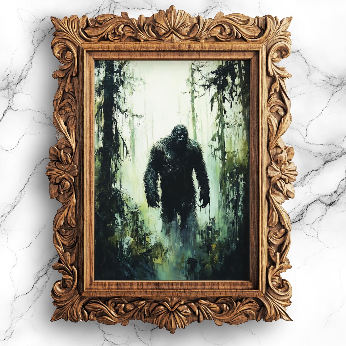 Bigfoot In Misty Forest Dark Academia Cryptid Oil Painting Poster