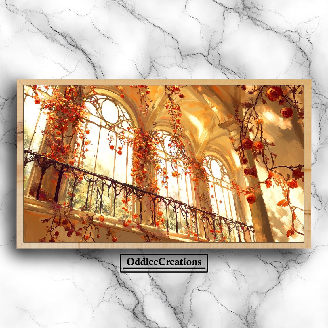 Golden Sunlit Conservatory Balcony Covered in Red Roses Gothic Art Poster