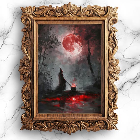 Witchcraft Under Red Moon Potionbrewing Witch Oil Painting Magical Wall Decor Home Wit8