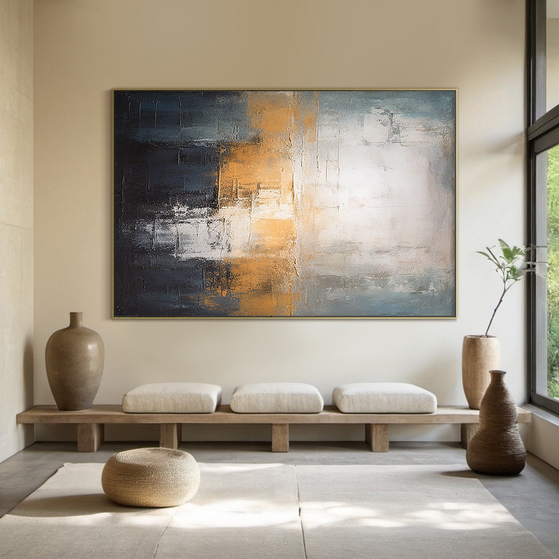 Gold Blue White Abstract Oil Painting Sunset Glow Vertical Wall Poster - Image 3