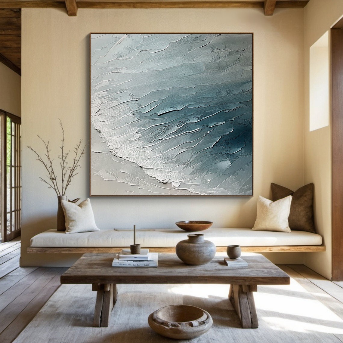 White Blue Wave Abstract Minimalist Textured Sculptural Art Poster - Image 3