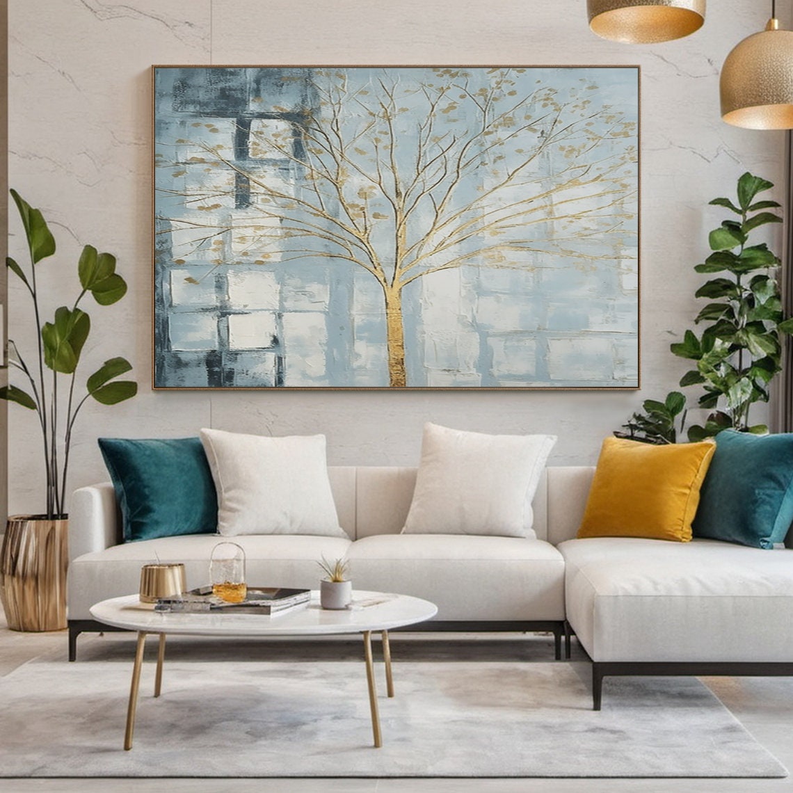 Gold Leaf Tree Pale Blue Textured Abstract Elegant Nature Poster - Image 5