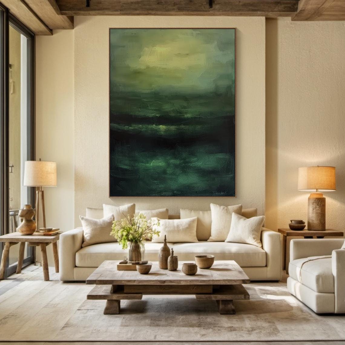 Misty Green Abstract Landscape Painting Atmospheric Modern Wall Art - Image 2