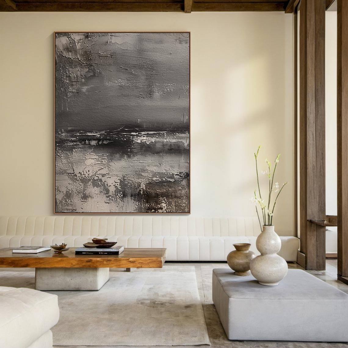 Gray Abstract Oil Painting Decorative Painting Black Simple Wall Painting Beige Abstract Art Modern Home Decor Handmade Gift - Image 3