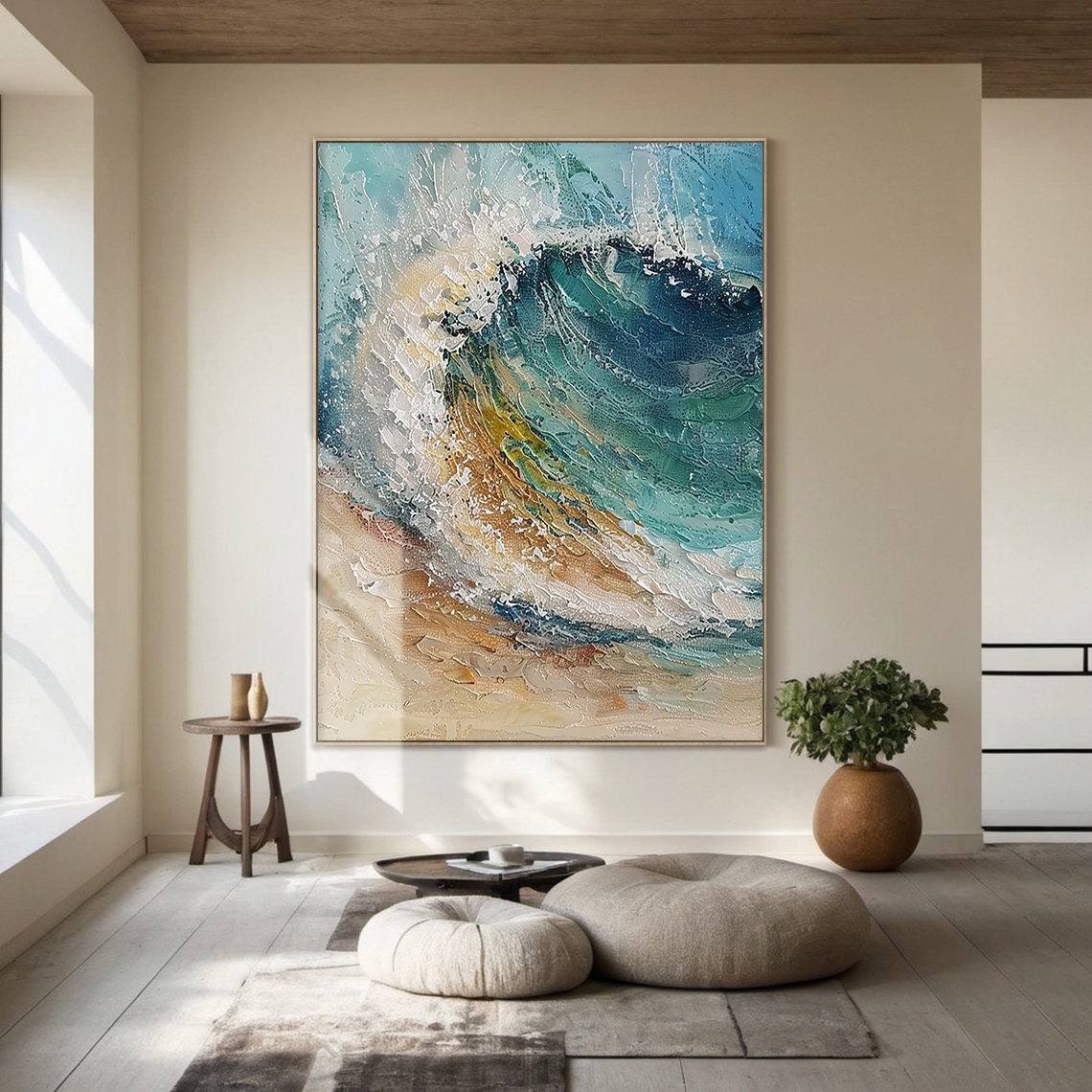 Teal Ocean Wave Painting Gold Sand Impasto Abstract Textured Wall Art - Image 6