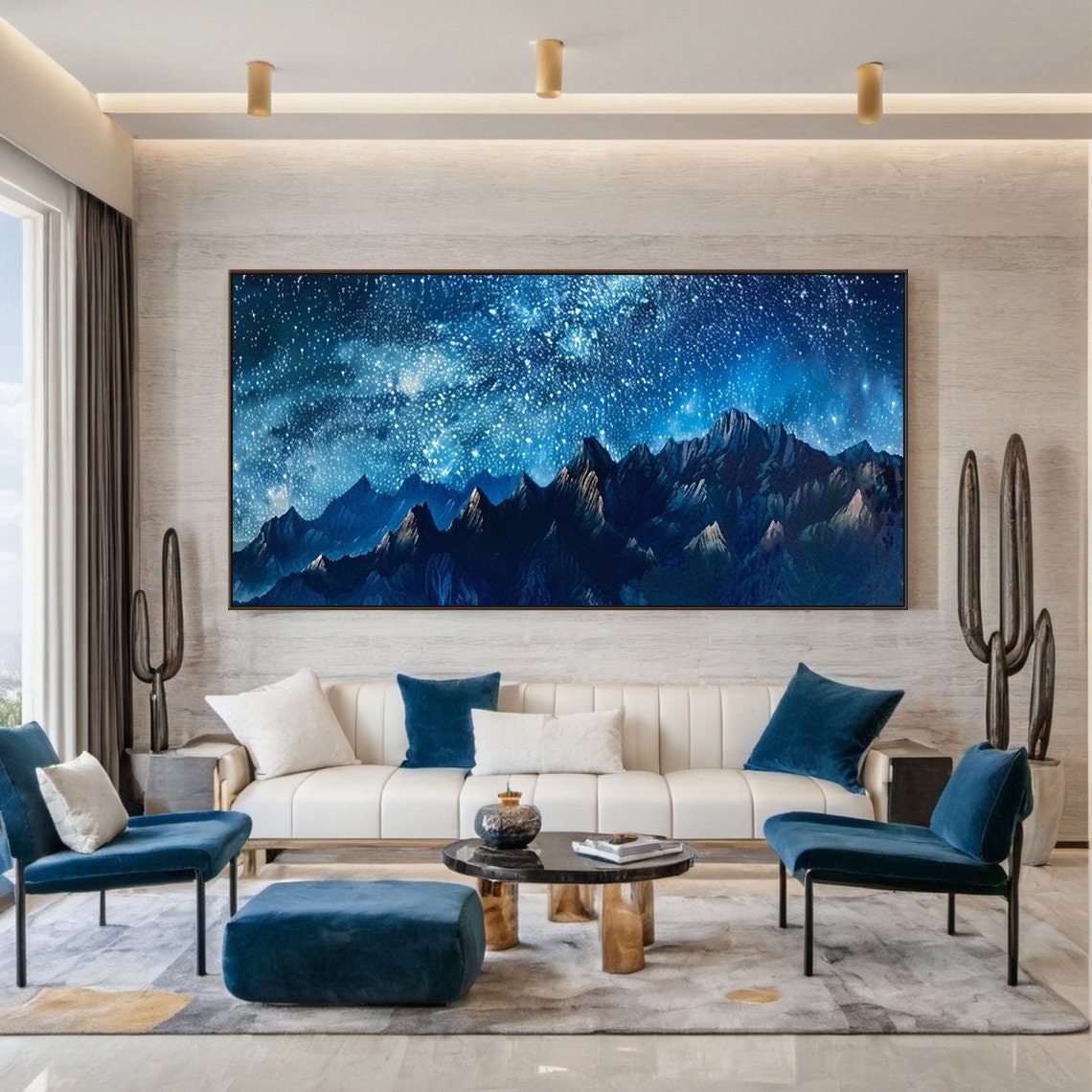 Mountain Starry Sky Painting Large Blue Sky Landscape Oil Painting Blue Wall Decoration Art Modern Natural Living Room Decoration - Image 2