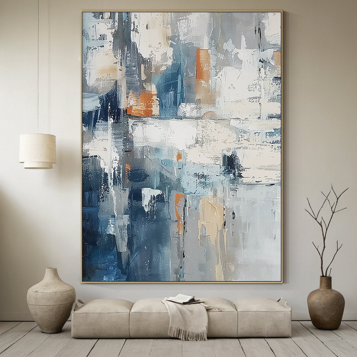 Blue Grey Abstract With Terracotta Blocks Textured Modern Poster