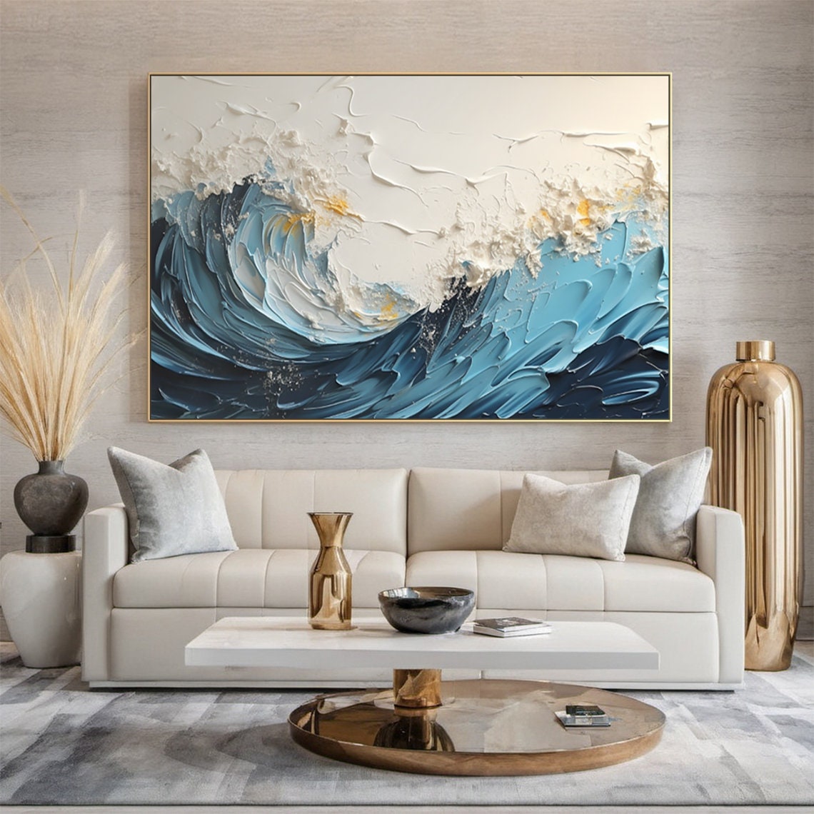 Blue Ocean Wave Impasto Texture Abstract Seascape Canvas Poster - Image 6